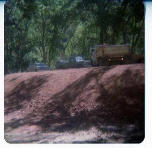 Construction vehicles during the emplacement of the new Zion Lodge footbridge.