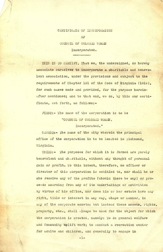 Council of Colored Women - Certificate of Incorporation