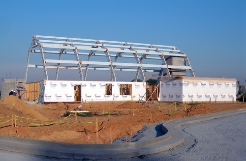 Monocacy National Battlefield visitor center construction progresses as framing continues and observation deck structure (left) is added (August 23, 2006)