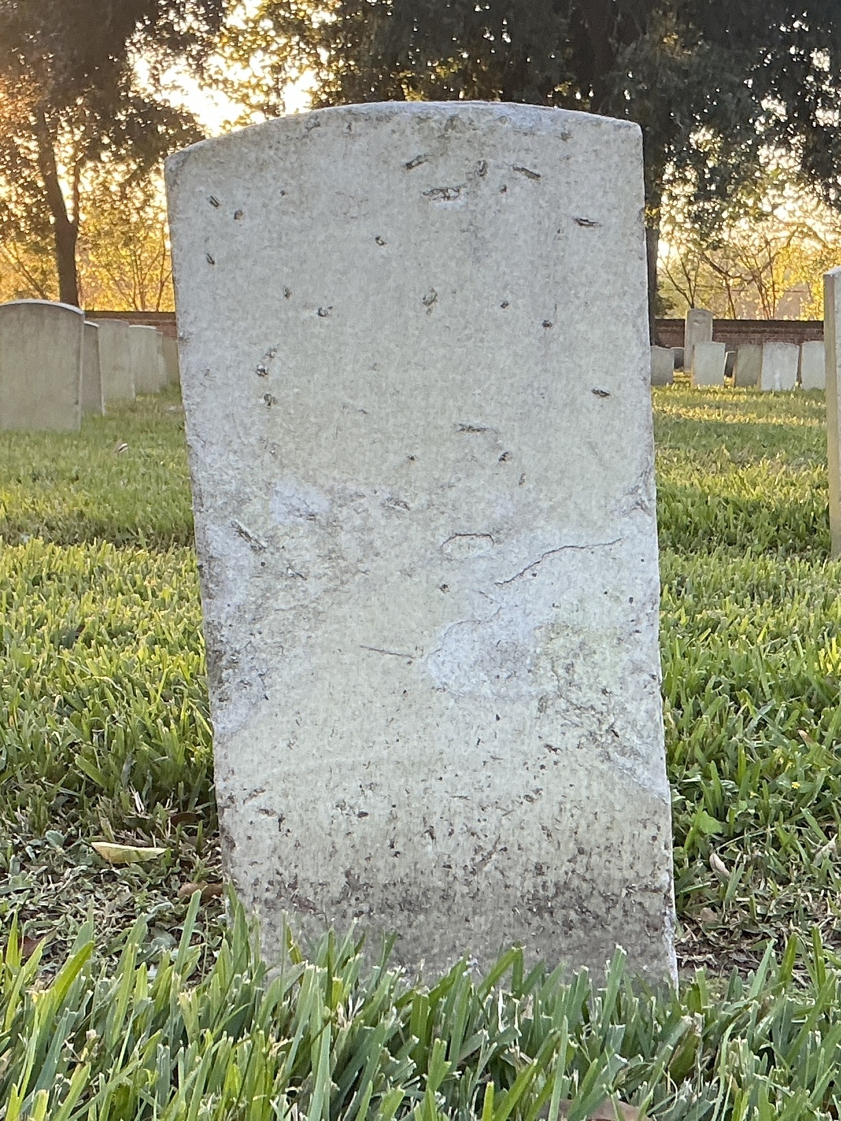 Back of historic upright marble headstone with recessed shield face.