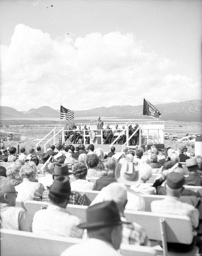 A. Karl Larsen, Dixie College historian [Dixie State University], addressing visitors from podium at dedication of Taylor Creek road (Kolob Canyons).