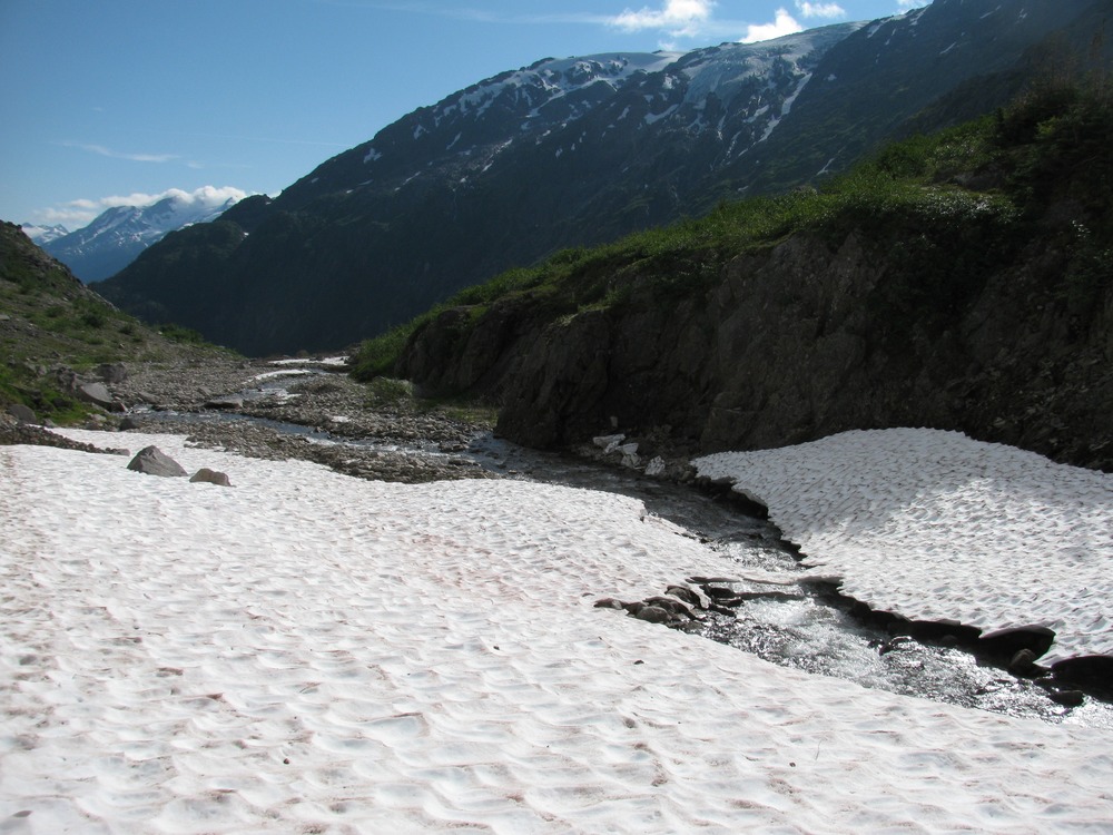 Foreground snow field with a creek exiting toward a valley