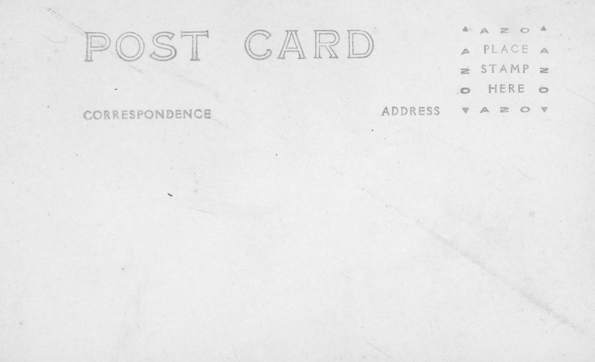 Reverse side of a post card, stamped writing reads "Post Card," "Correspondence," and "Address." Stamp placement area in top right corner.