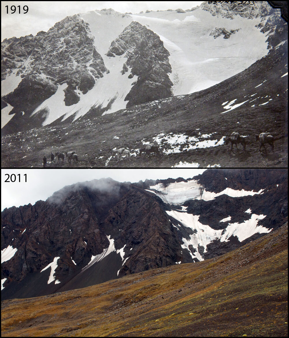 A photo pair showing Glacial Thinning and Retreat at Windy Pass: 1919-2011