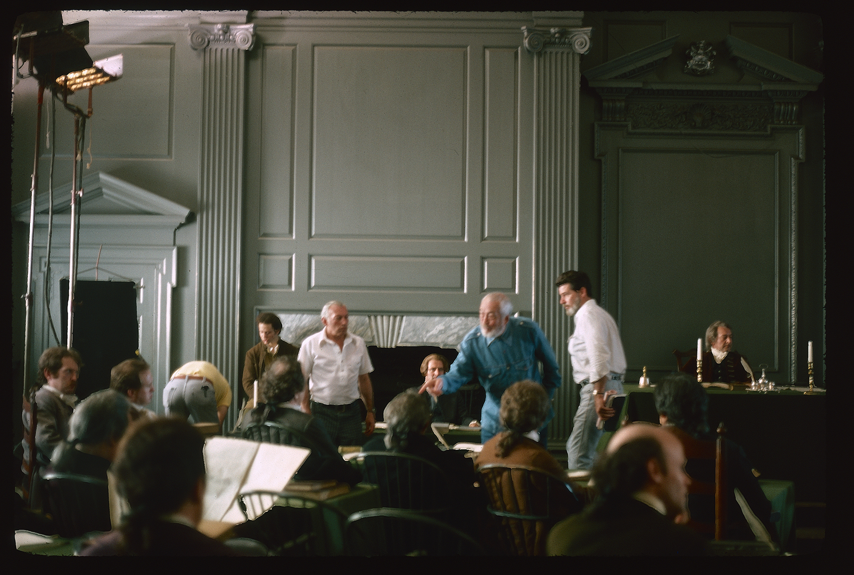 Independence Hall. Interior. 1st floor, Assembly Room. Looking southeast. Making of "Independence" John Huston Visitor Center Film. Director John Huston in center with blue shirt.