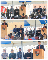Four photo collage show different vantage points of a man in black suit and red/white checked tie. He is on a stage speaking into a microphone behind a podium with an NPS arrowhead logo. Dignitaries are behind him and to the sides and a crowd of people sits in front of him.