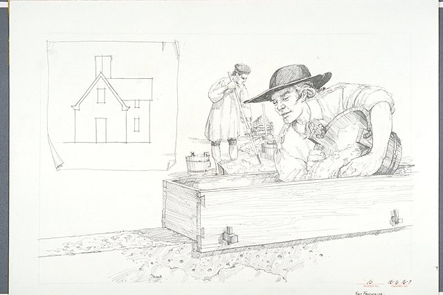 Conceptual illustration depicts settlers pouring the second layer of a tabby wall of Lieutenant Primrose Maxwell's House; wood forms visible.