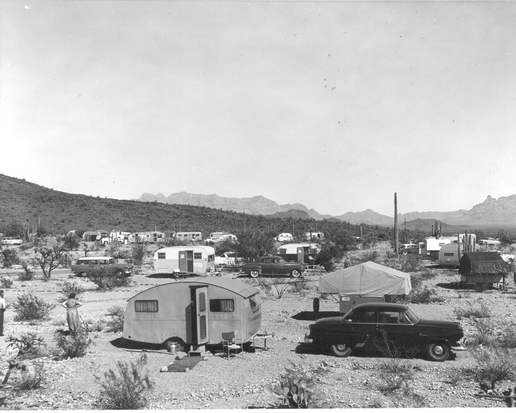 Cars, camping trailers, and pop-up campers are spaced across rocky, desert campground, scattered with desert vegetation. 