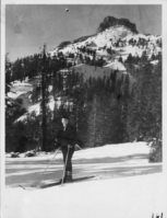 Euguene Barton under Mt. Diller. Arthur G. Holmes Collection Album 5: Eugene Barton skiing near Lake Helen