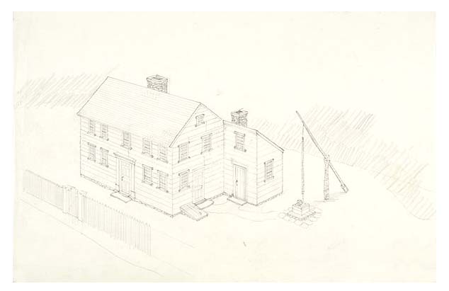 Exterior view of the home of Daniel Hoar, 1800. Illustration depicts Daniel Hoar's additions to the Caleb Ball home.
