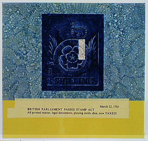 Facsimile of a 1765-1766 tax stamp intended for use in the American Colonies as required by the British Stamp Act.