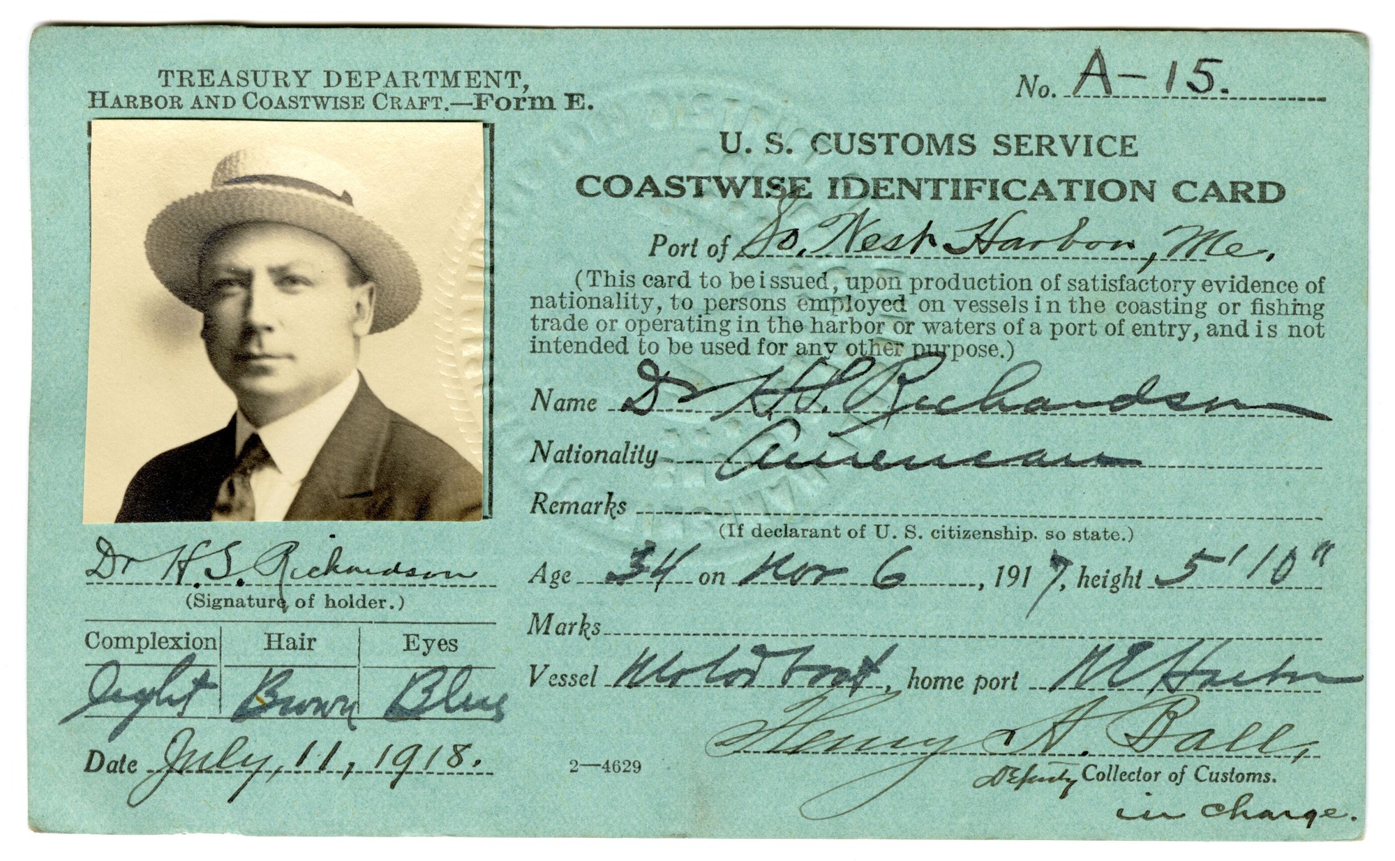 Dr. H. S. Richardson 1918 Coastwise Identification Card