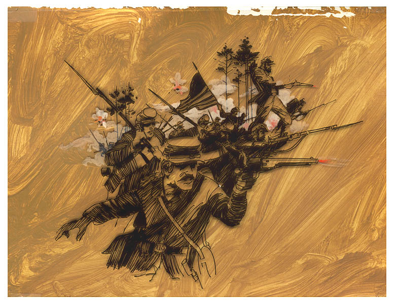 Union soldiers charging from a trench.