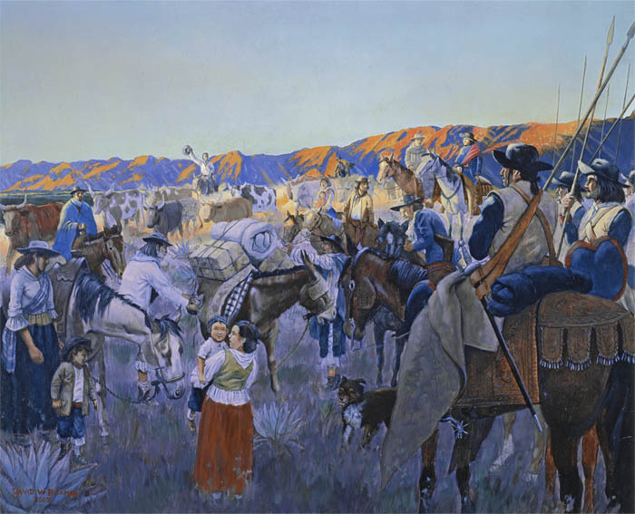 Illustration of members of the expedition packing up camp in a desert area with a mountain range