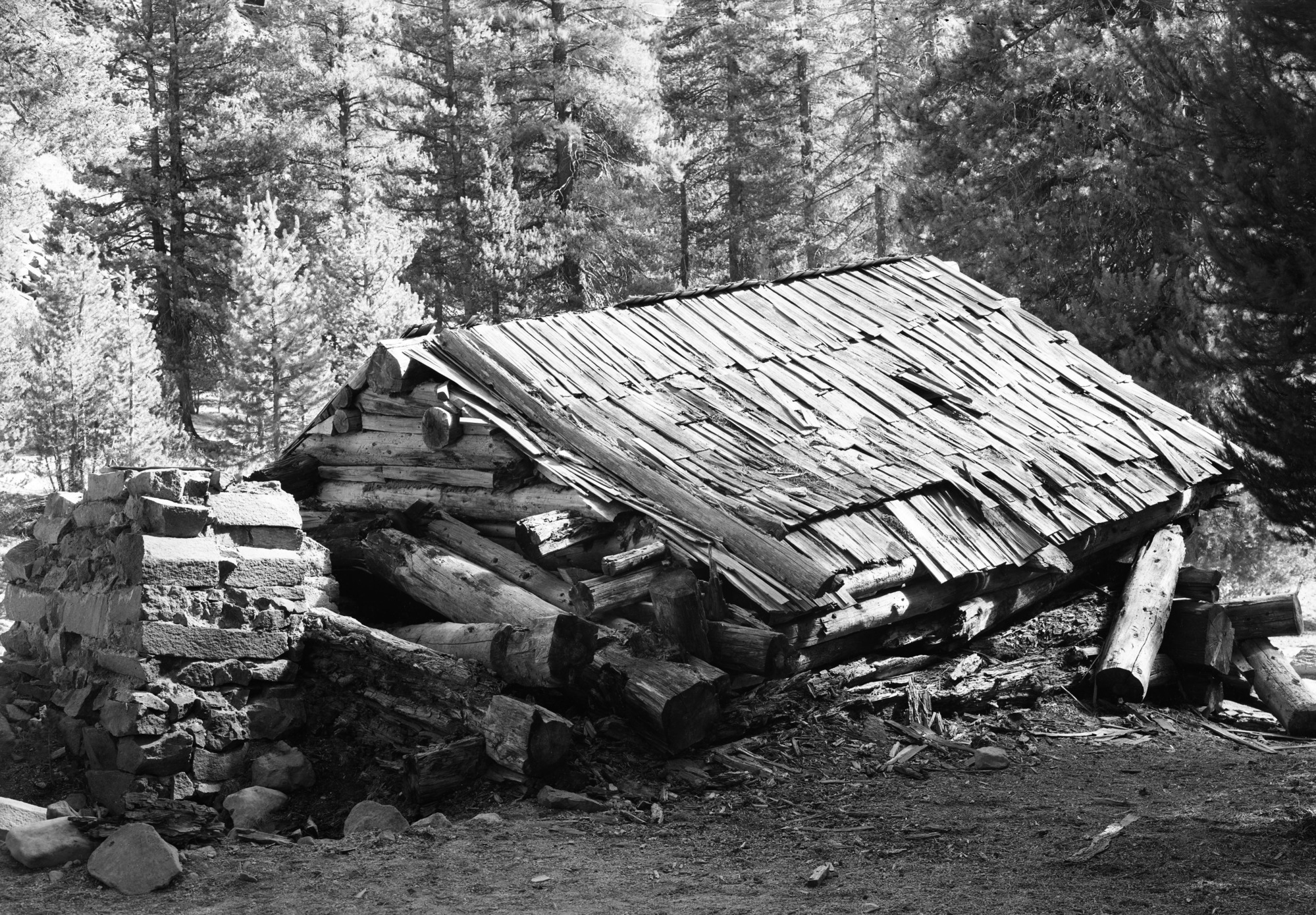 Devil Postpile and old fallen cabin.