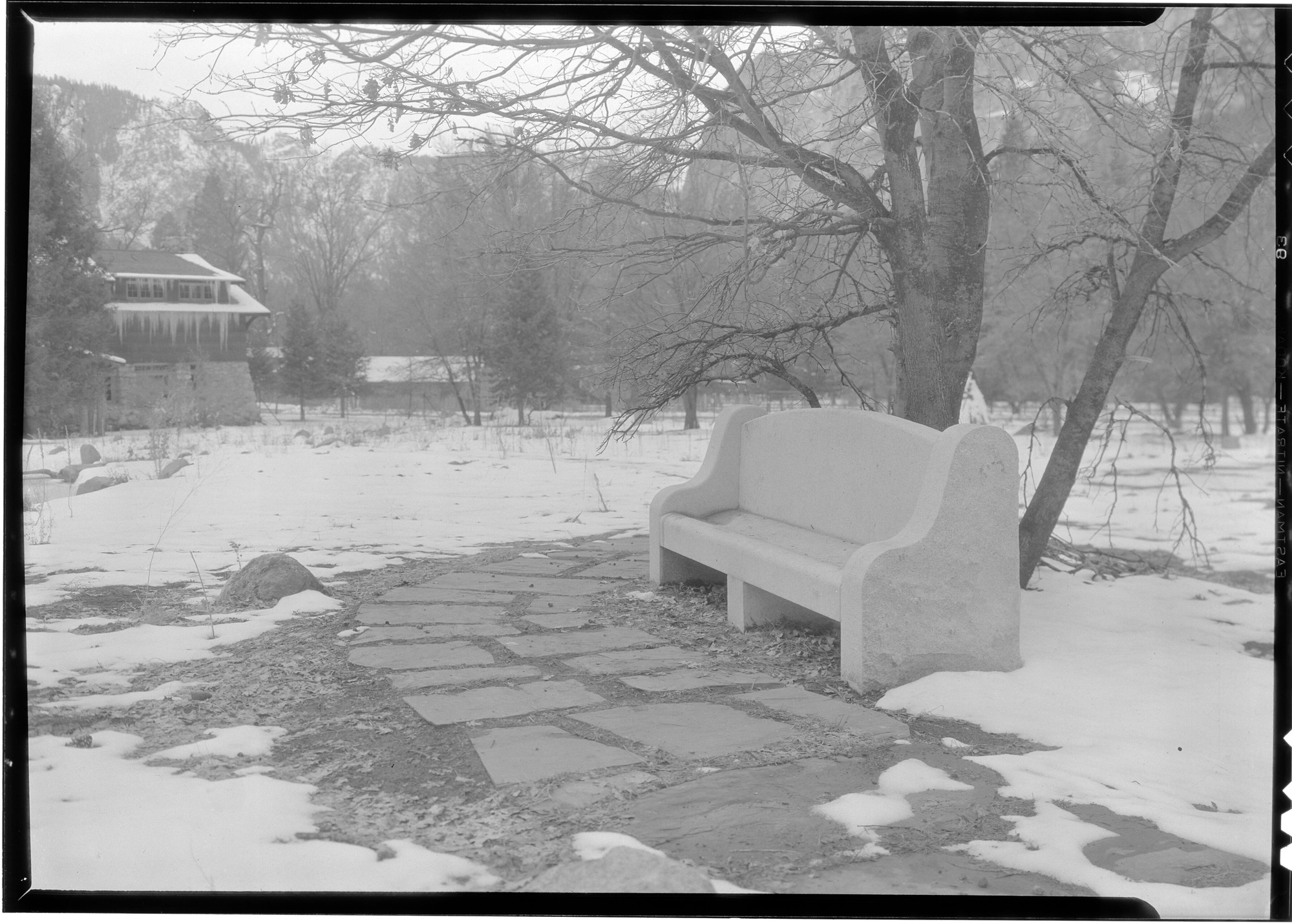 Yosemite Museum Wildflower Garden; stone bench in museum garden; a gift from Dr. Scaife accepted by National Parks Service.
