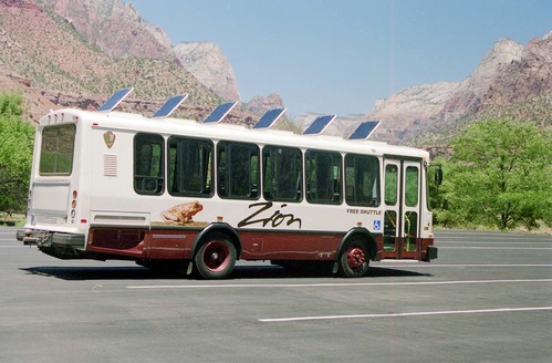 Color Photos of the official launch of the Zion shuttle system- same day as the new visitor center opening.