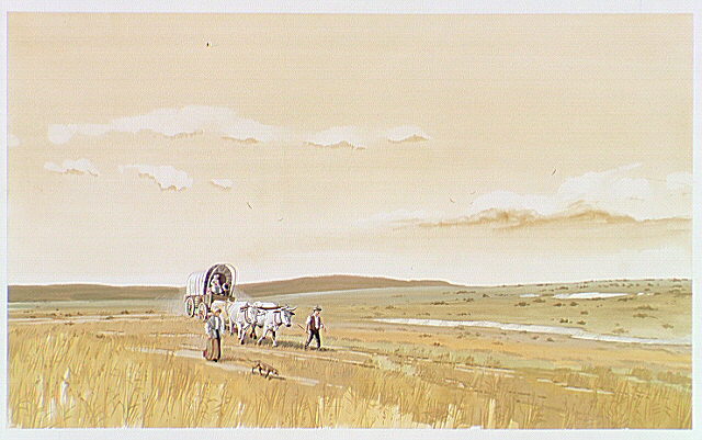 Family traveling across the prairie in a covered wagon pulled by oxen.