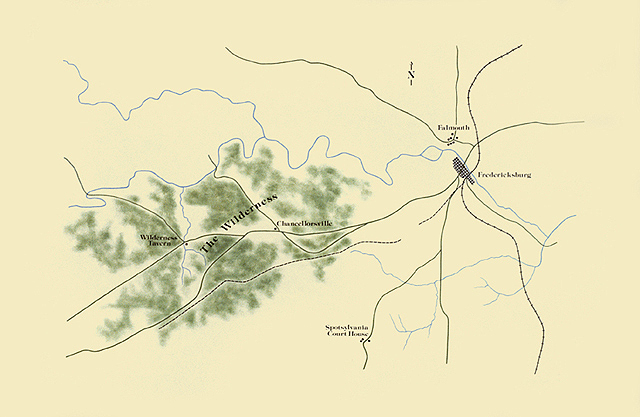 Map showing area known as The Wilderness where General Robert E. Lee and General Ulysses S. Grant fought on May 5-6, 1864.