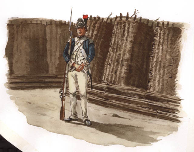 Soldier next to fortification using gabions and fascines. Illustration is unpublished.