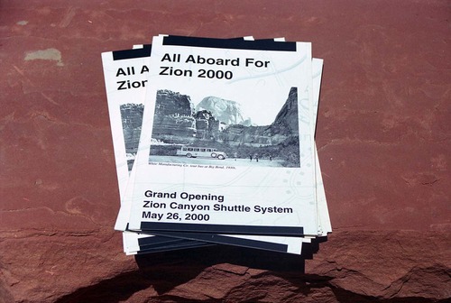 Color Photos of the official launch of the Zion shuttle system- same day as the new visitor center opening.