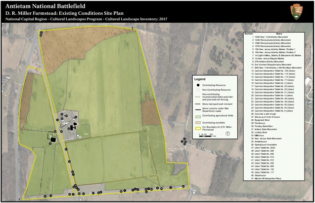 Map of features and contributing resources at the D.R. Miller Farmstead, part of Antietam National Battlefield. 

