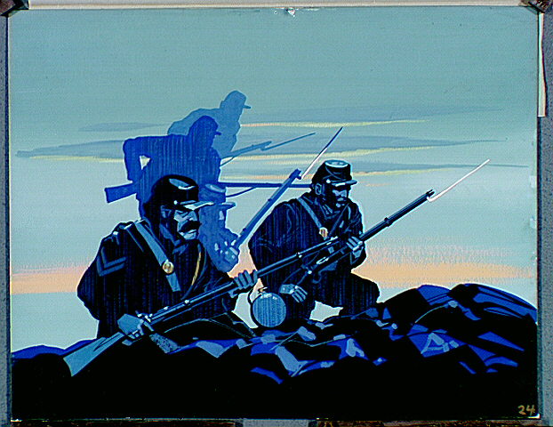 Soldiers at dawn with rifles and bayonets ready to fight.