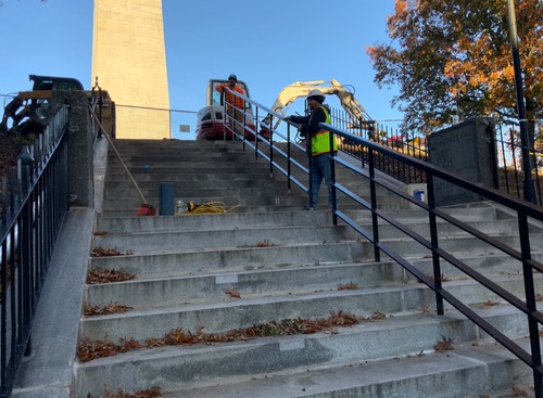 View from bottom of staircase looking up. 
