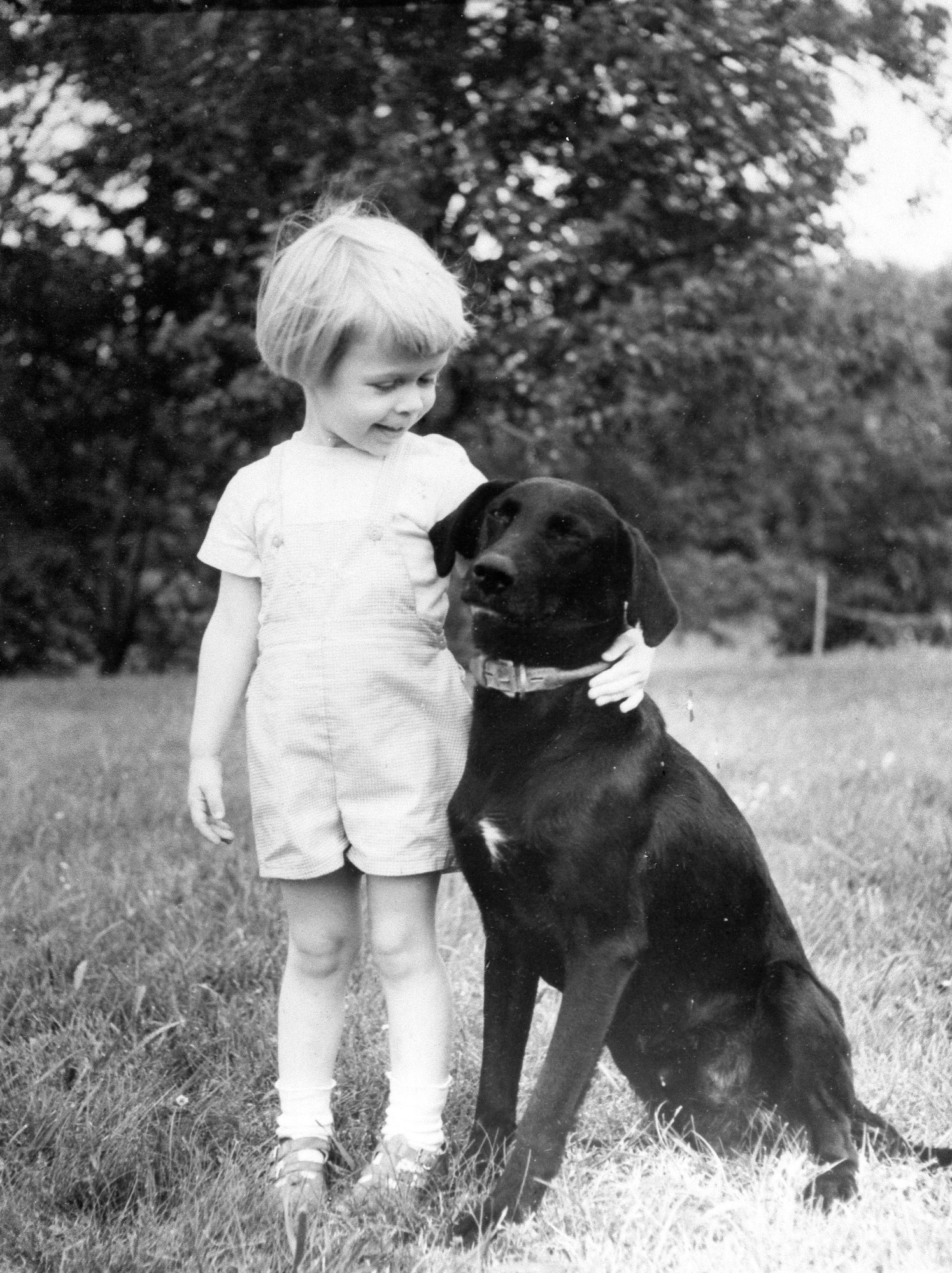 Full length photo of a young girl in overalls with a dog.