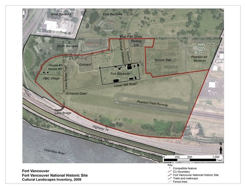 A red line encircles the features of the fort landscape on a map, marking the boundary.