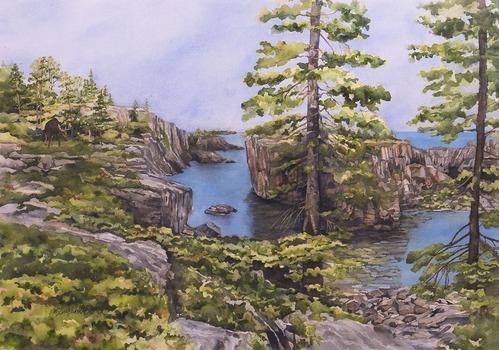An artist's painting shows a lake and boulder view and a moose standing off to the left