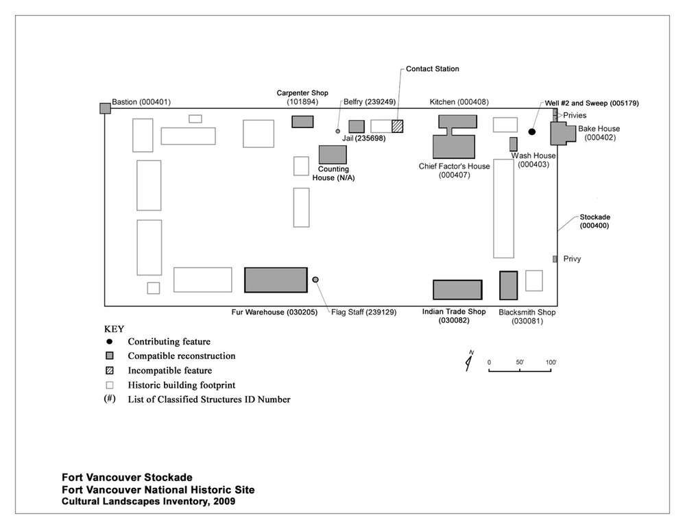 A site plan of the fort stockade shows reconstructed buildings and indicates historic compatibility.