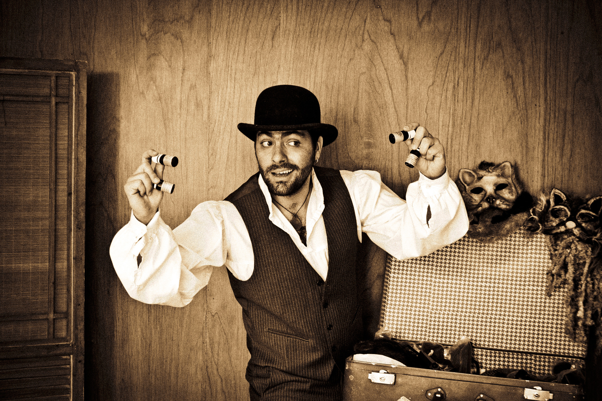 actor in traveling performer attire