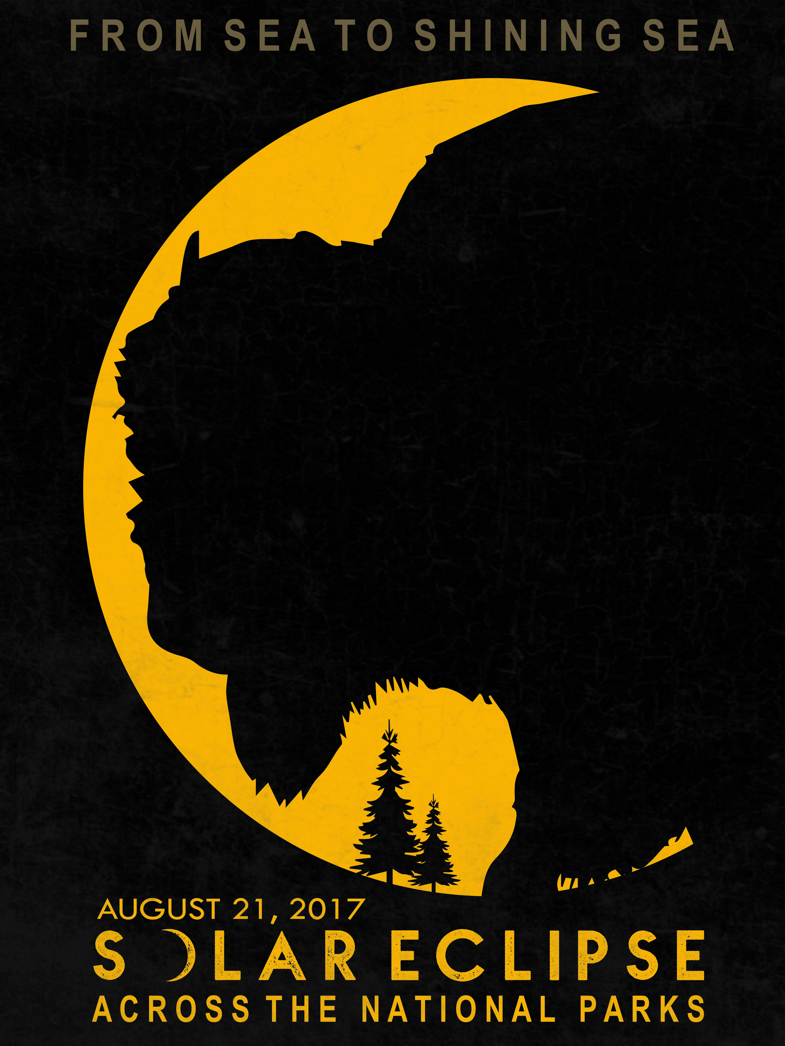 Dark grey graphic that shows an orange sun obscured by the silhouette of a bison's head and trees. Capitalized text at the top of the graphic reads, "From sea to shining sea." Capitalized text at the bottom of the graphic reads, "Solar eclipse across the national parks." Smaller capitalized text above this reads, "August 21, 2017."