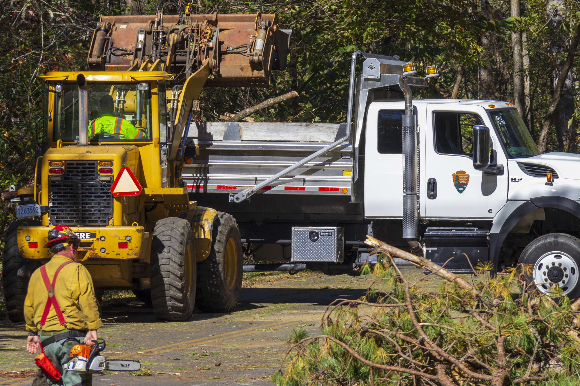 A yellow front loader dumps a bucket full of debris into the bed of a truck. A man in a yellow shirt and hardhat walks towards them while carrying a chainsaw.