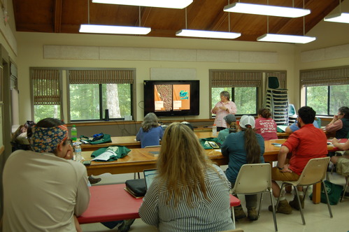 A group of people sit in a classroom listening to a person lecture.