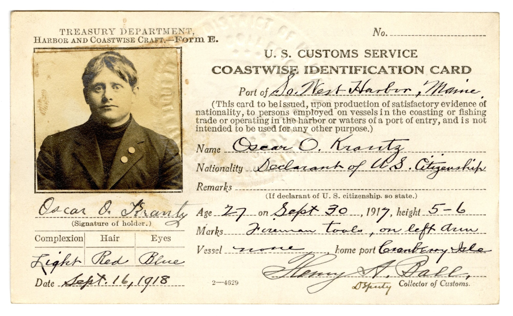 Oscar O. Krautz 1918 Coastwise Identification Card