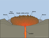 Illustration showing a cross section of a lava dome. The magma conduit is shown beneath the ground surface and colors indicate levels of heat within the dome decreasing toward the surface. Surface feature labels include Breccia; Flow banding, Rough, rubbly surface; and Spines.