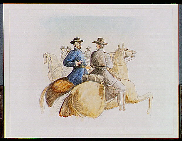 Confederate Major General Sterling Price (left), behind Missouri State Guard lines, is talking to his adjutant, Thomas Snead.