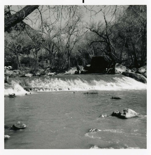 BW photo of the construction/modification of the Canyon Junction Spillway on the Virgin River.