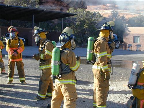 Firefighter crew photos during structural fire training at Mesa Verde National Park, 2001