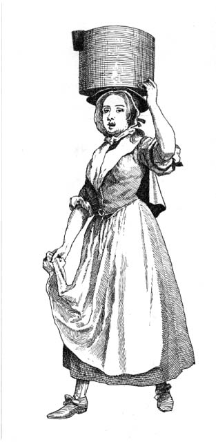 An 18th century young woman carrying a bucket on her head.