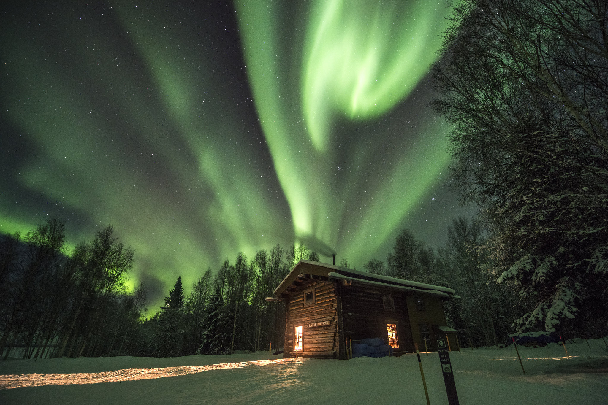 Green-colored northern lights over a cabin in the woods 