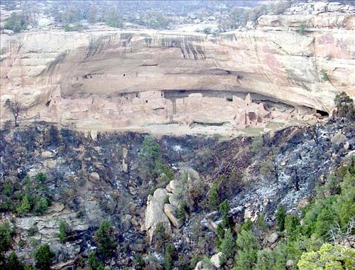 Long House archaeological dwelling site following the Pony Fire, Mesa Verde National Park, August 2000