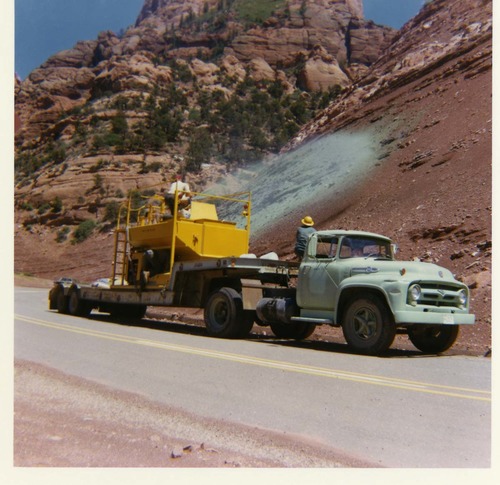 Color photo of the hydroseeding experiment along the Kolob Canyon Road.