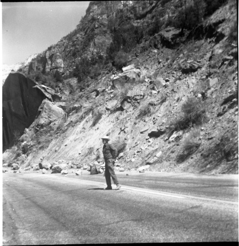 BW photo of rock slide near Echo Rock - 2.5" x 2.5".