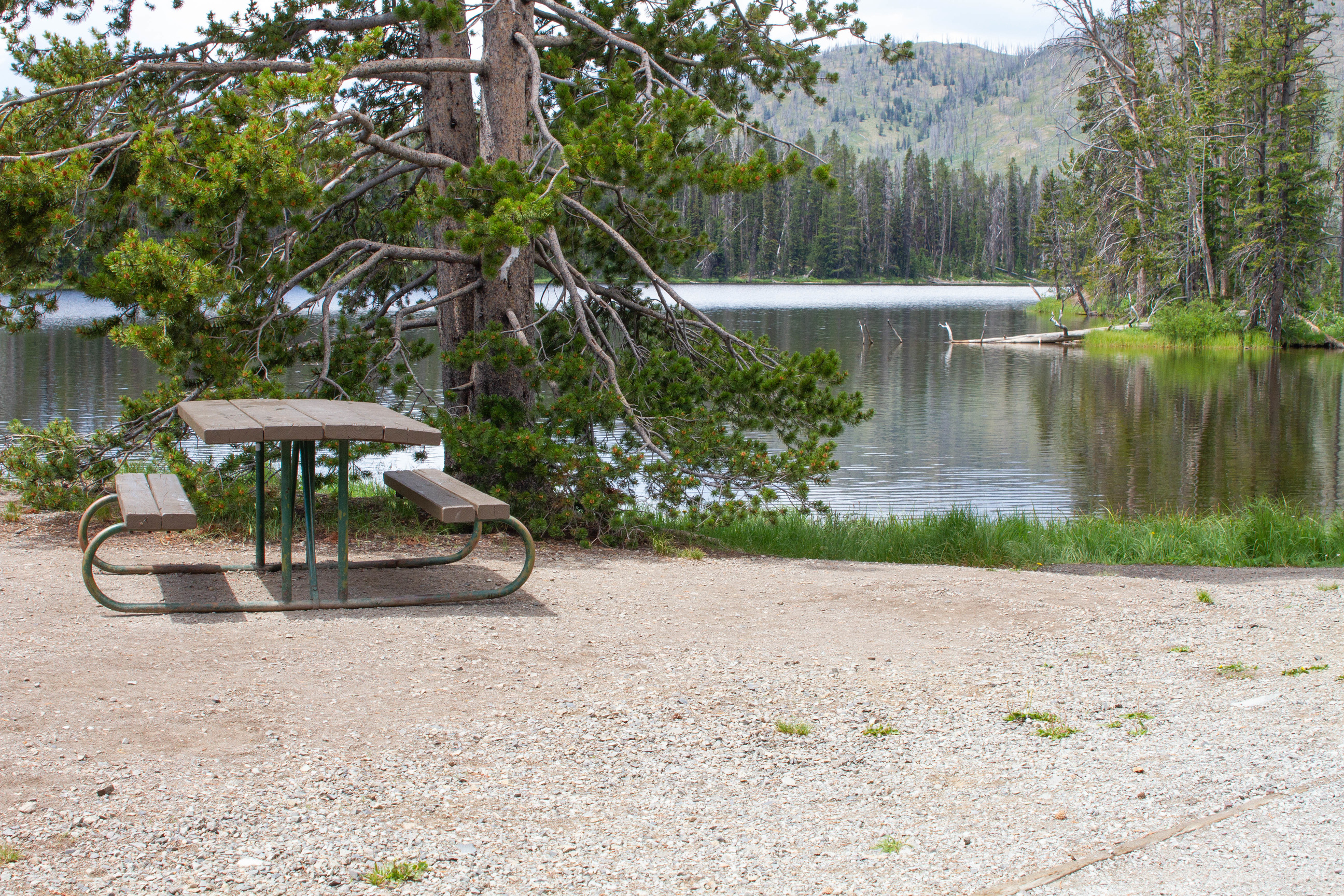An unoccupied table on small hill overlooking the lake