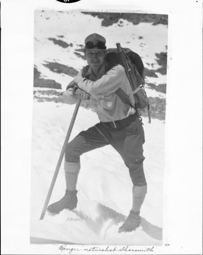 Ranger Naturalist Sharsmith - photo in the Yosemite Field School Year Book - 1935. Copy Neg: Michael Dixon, 1985.