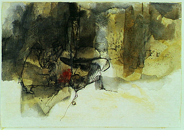 Confederate General Robert E. Lee with soldiers sitting around campfire in background.