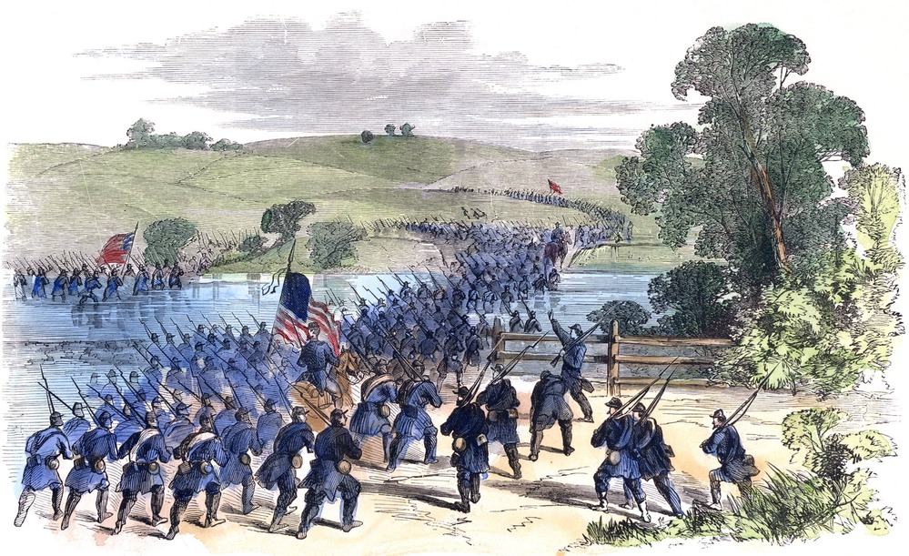 Sketch by artist Frank Schell depicting Union soldiers fording Antietam Creek. First appeared in Frank Leslie's Illustrated Newspaper October 11, 1862. The soldiers are claimed to be part of General Hooker's First Corp on their way to "attack the Rebel army under General Lee."